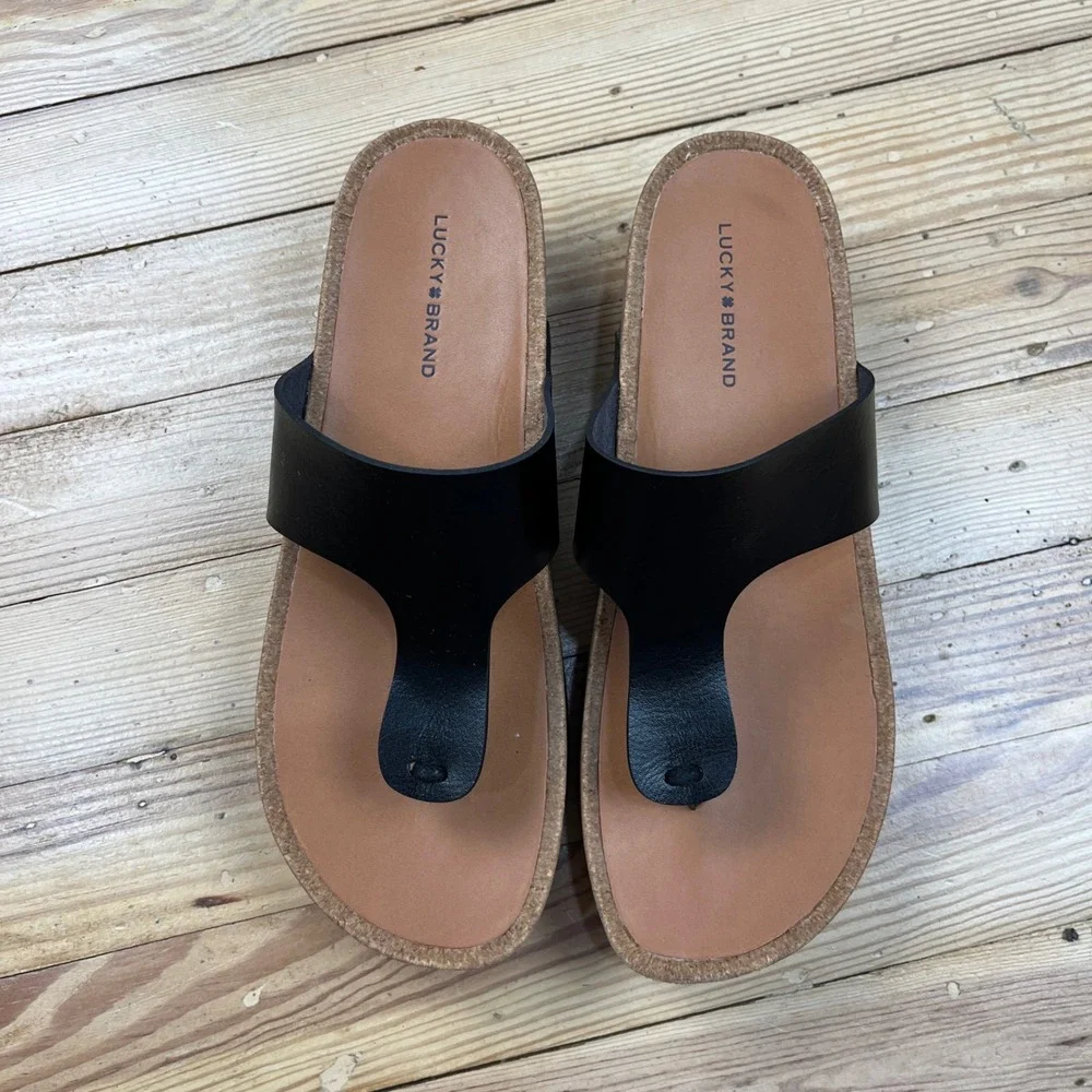 Lucky Brand Lizabi Black Platform Thong Wedge Sandals Cork Heel boho size 9
